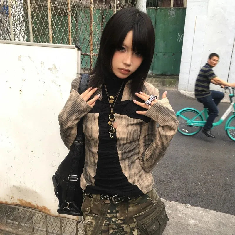Karrram Japanese Y2k Ribbed Tops Vintage Harajuku Cross Print T-shirt Grunge Aesthetics Long Sleeve Patchwork Tops Trashy 2000s