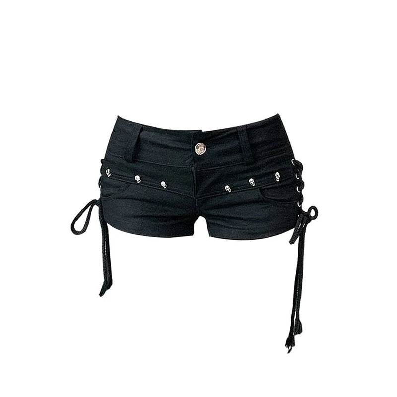 Women's Black Gothic Denim Shorts Vintage Aesthetic Korean Low Waist Jean Shorts Harajuku Y2k Cowboy Short Pants Clothes Summer