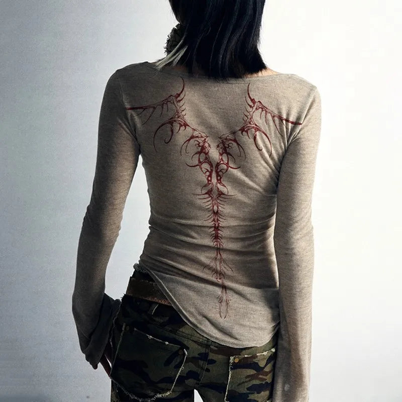 Karrcat Grunge Aesthetics Knitted Tops Vintage Tattoo Print T-shirt Wasteland Punk Irregular Tee Shirt Gothic Y2k Streetwear Alt