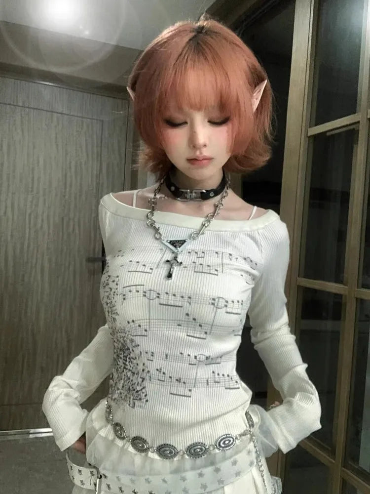 Punk T Shirts for Women Print Long Sleeve Tunic Tees Fashion Korean Camisetas Y2k Tops Slash Neck Casual Tshirts 2025 Ropa Mujer