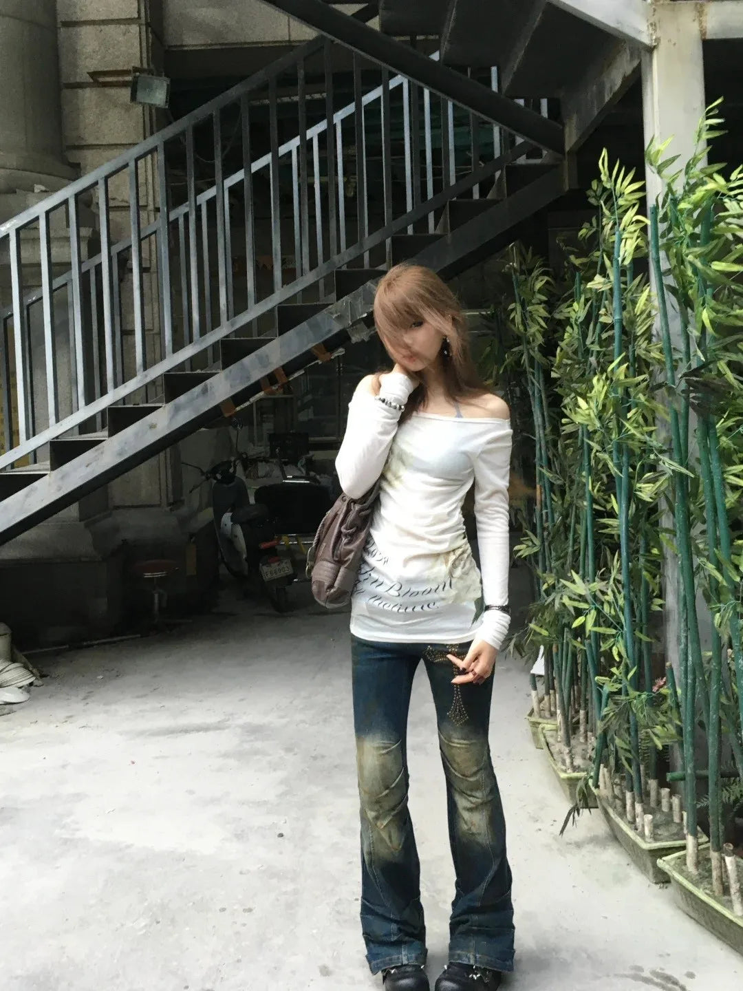 Karrram Japanese Y2k Off Shoulder Tops Vintage 2000s Style Knitted T-shirt Harajuku Flower Print Long Sleeve Sheer Tops American