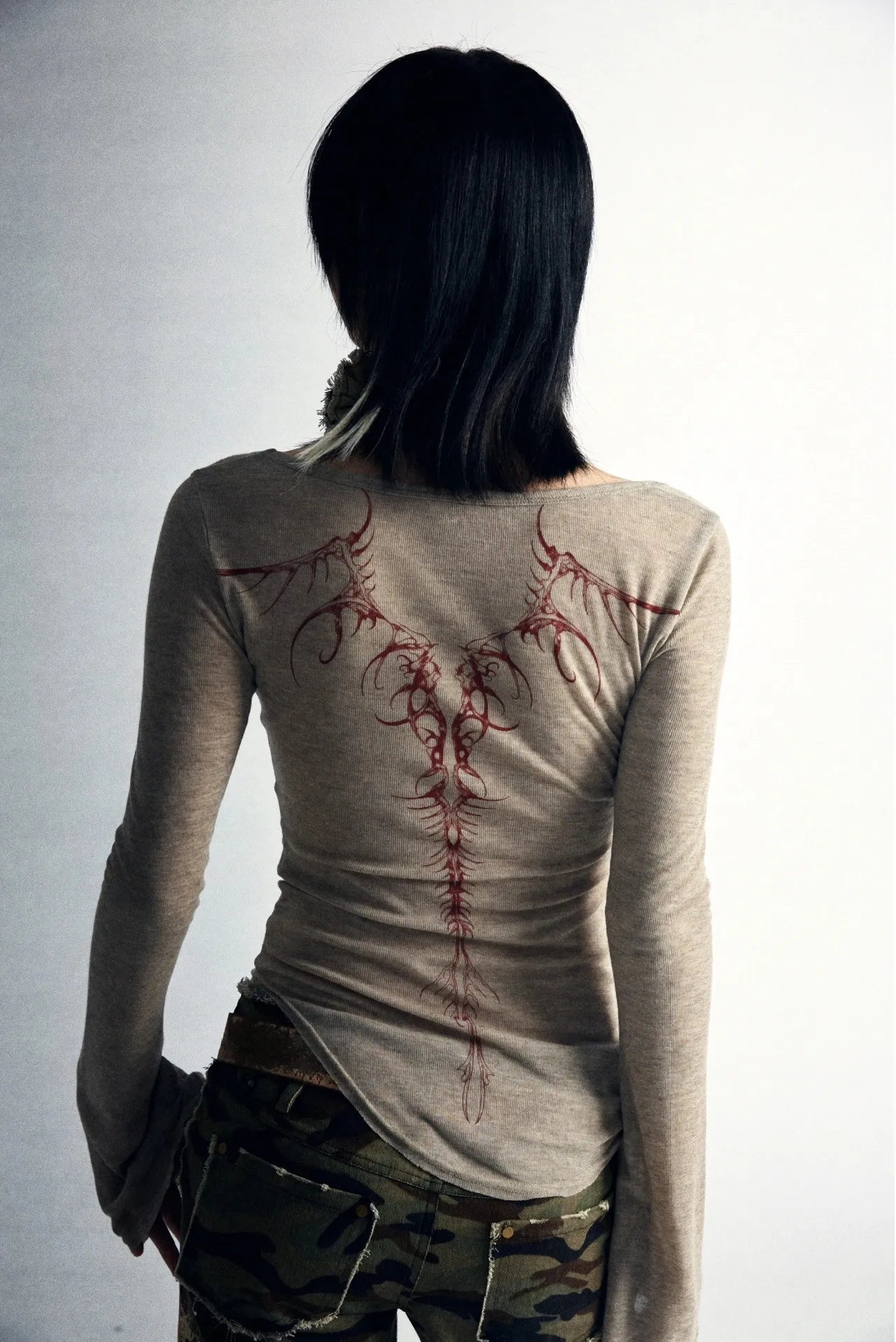 Karrcat Grunge Aesthetics Knitted Tops Vintage Tattoo Print T-shirt Wasteland Punk Irregular Tee Shirt Gothic Y2k Streetwear Alt