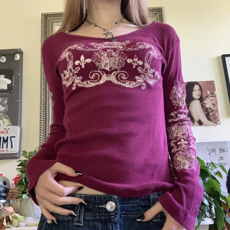 Rhinestone Graphic Print T-shirt Retro Harajuku Fairycore Grunge Slim Fit Pullovers Tees y2k Aesthetic Vintage Gothic Tos Women