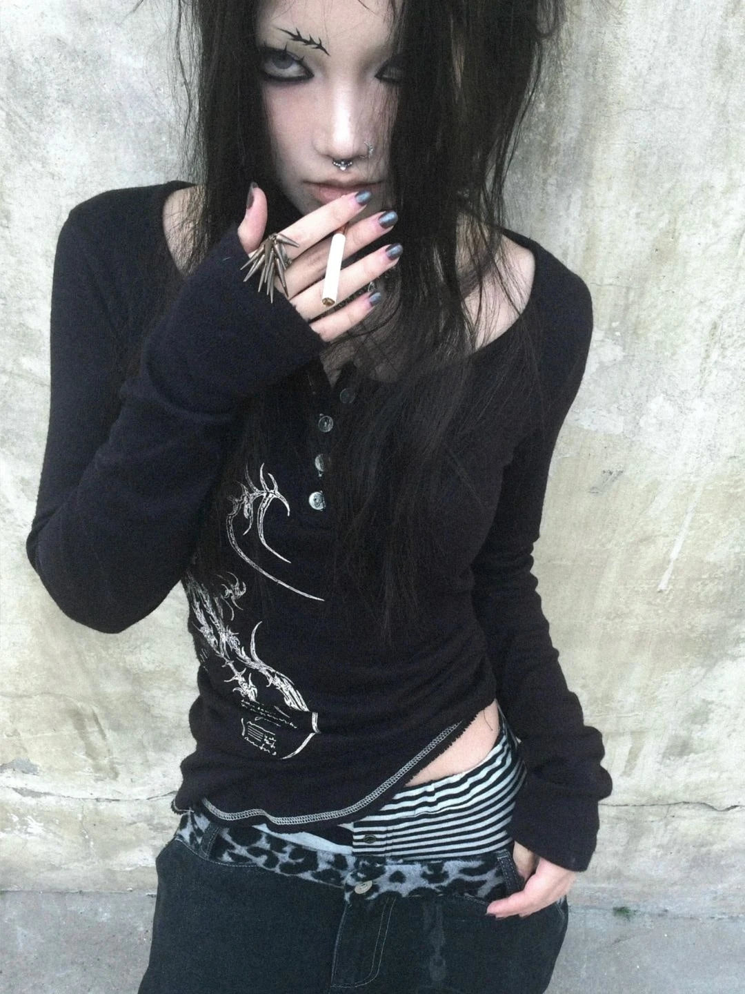 Karrcat Grunge Aesthetics Button Tops Trashy Y2k Tattoo Print T-shirt Vintage Gothic Black Irregular Tee Shirt American Retro