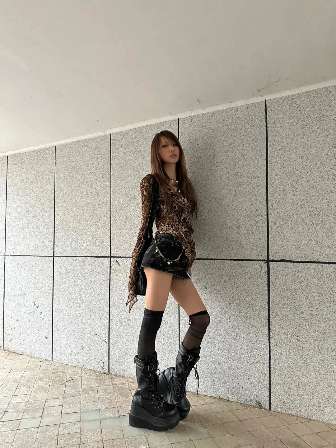 karrram Japanese Y2k Leopard Print Shirt Vintage Harajuku Ruffled Blouses Grunge Aesthetics V-neck Irregular Shirt Trashy 90s