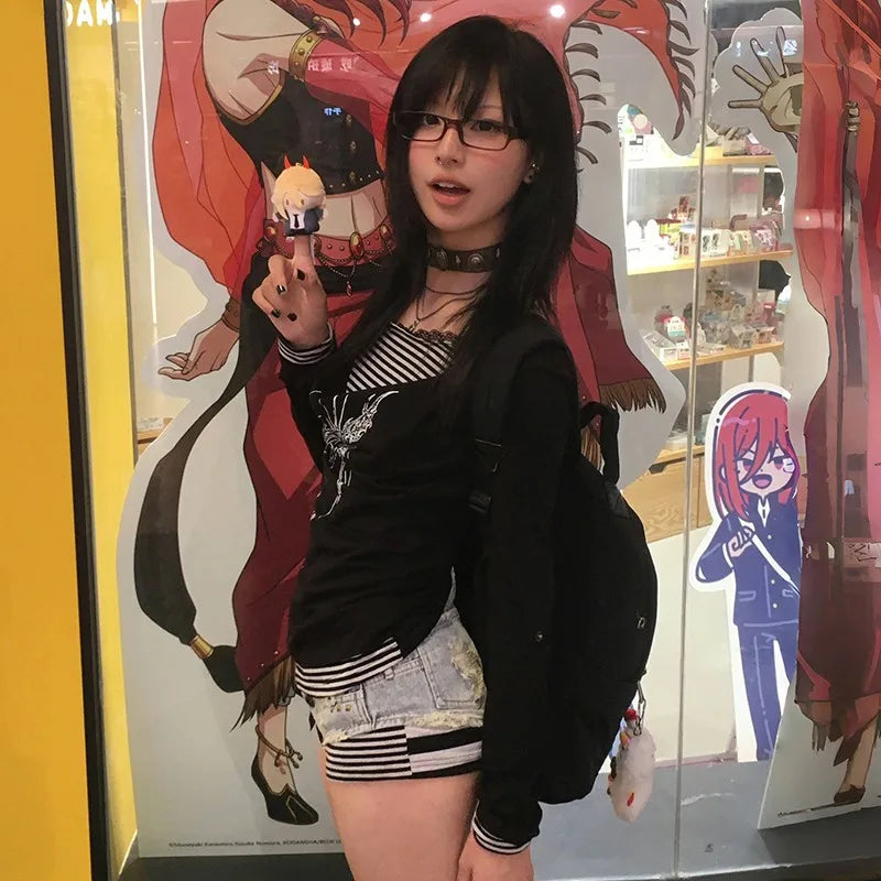 Karrram Japanese Y2k Fake Two-piece Tops Trashy 2000s Tattoo Print T-shirt Grunge Aesthetics Patchwork T Shirts Gothic Vintage