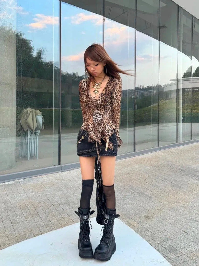 karrram Japanese Y2k Leopard Print Shirt Vintage Harajuku Ruffled Blouses Grunge Aesthetics V-neck Irregular Shirt Trashy 90s