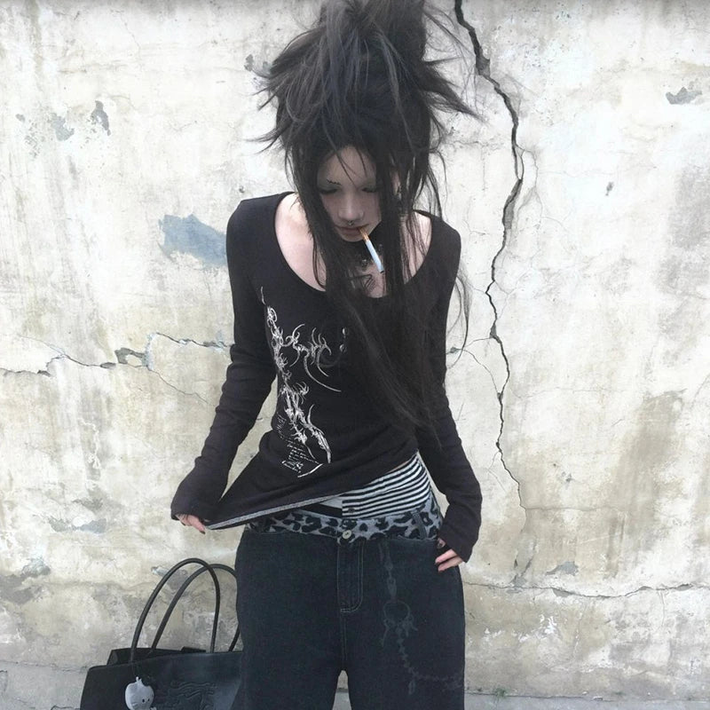 Karrcat Grunge Aesthetics Button Tops Trashy Y2k Tattoo Print T-shirt Vintage Gothic Black Irregular Tee Shirt American Retro