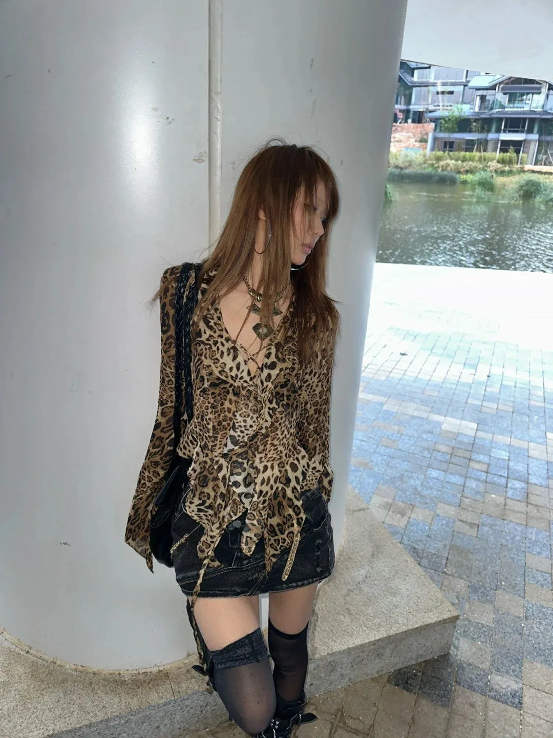 karrram Japanese Y2k Leopard Print Shirt Vintage Harajuku Ruffled Blouses Grunge Aesthetics V-neck Irregular Shirt Trashy 90s