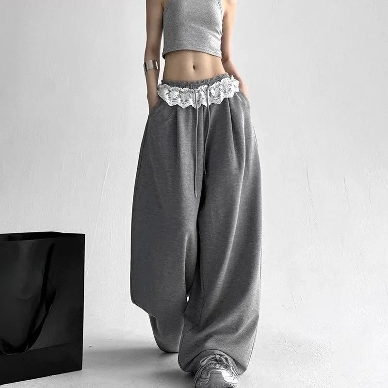 Harajuku Contrast Color Stripe Wide Leg Trousers Vintage Grunge Loose Knitted Casual Pant Y2k Aesthetic Women Straight Pants