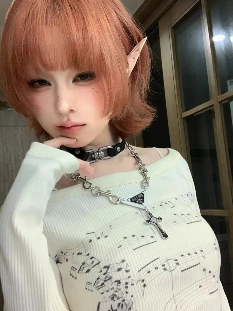 Punk T Shirts for Women Print Long Sleeve Tunic Tees Fashion Korean Camisetas Y2k Tops Slash Neck Casual Tshirts 2025 Ropa Mujer