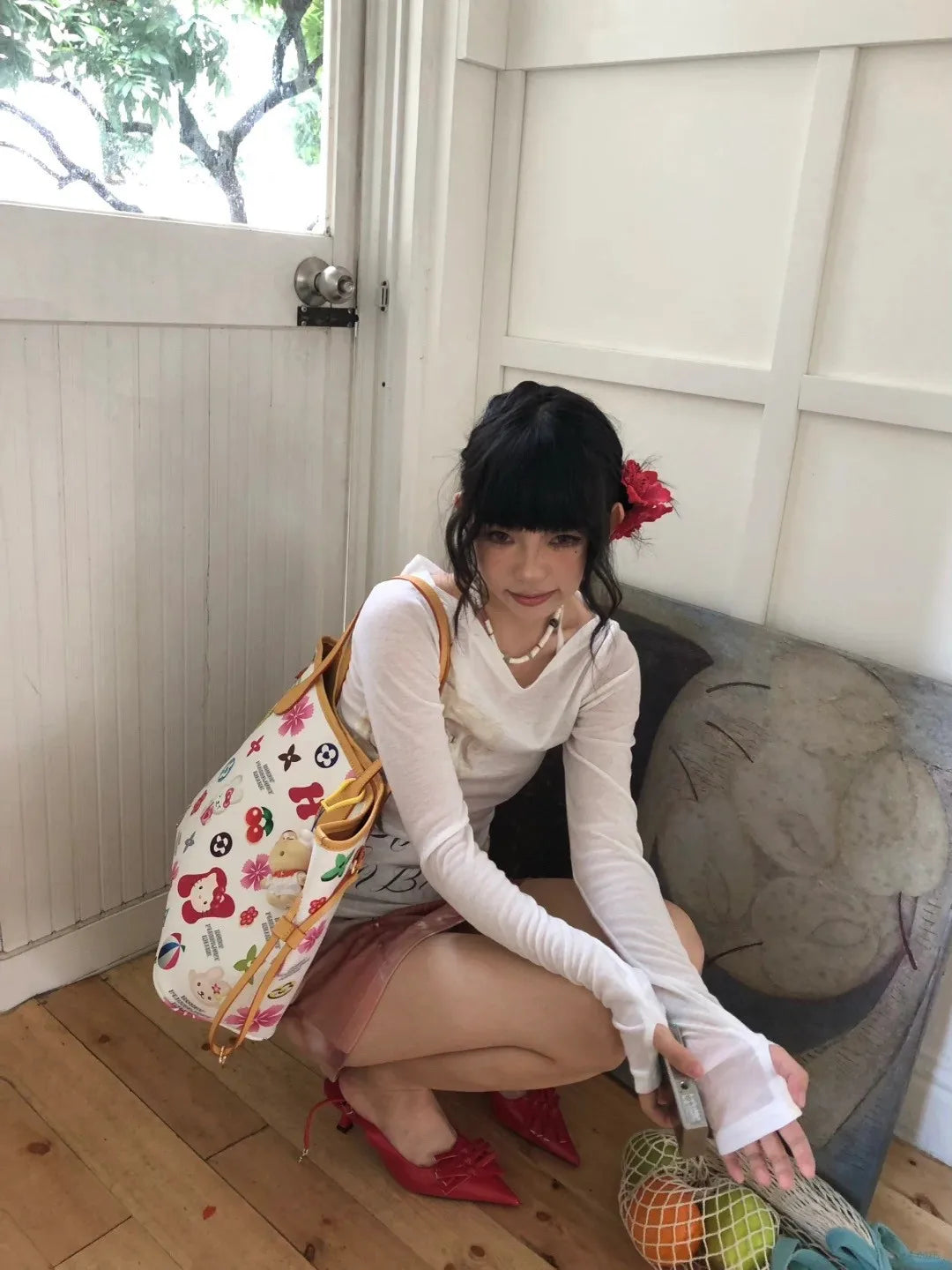 Karrram Japanese Y2k Off Shoulder Tops Vintage 2000s Style Knitted T-shirt Harajuku Flower Print Long Sleeve Sheer Tops American