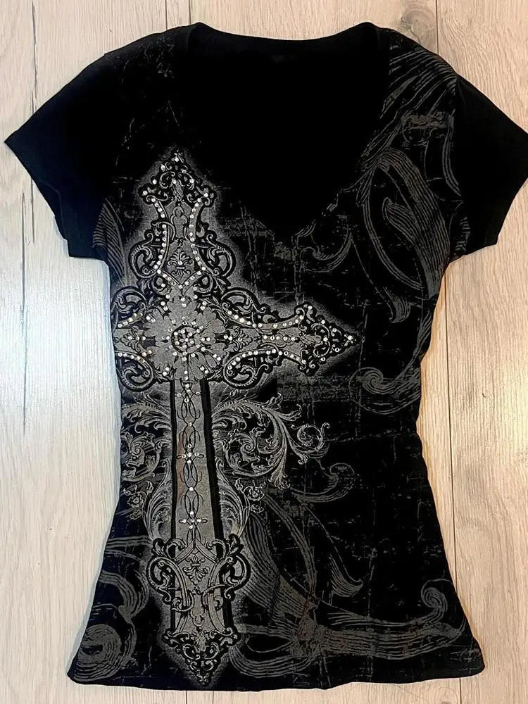 Summer Bottoming Crop Tops Y2k Aesthetic Tie-dye Print Women Grunge T-shirts 2025 Vintage Slim Harajuku Causal Black Tshirts