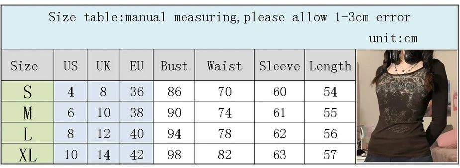 Rhinestone Graphic Print T-shirt Retro Harajuku Fairycore Grunge Slim Fit Pullovers Tees y2k Aesthetic Vintage Gothic Tos Women