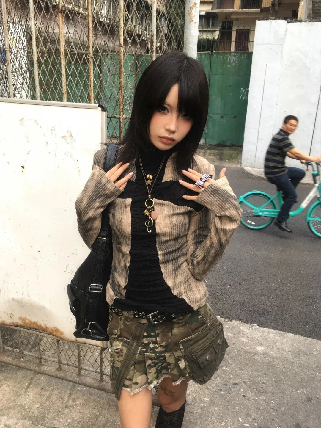 Karrram Japanese Y2k Ribbed Tops Vintage Harajuku Cross Print T-shirt Grunge Aesthetics Long Sleeve Patchwork Tops Trashy 2000s