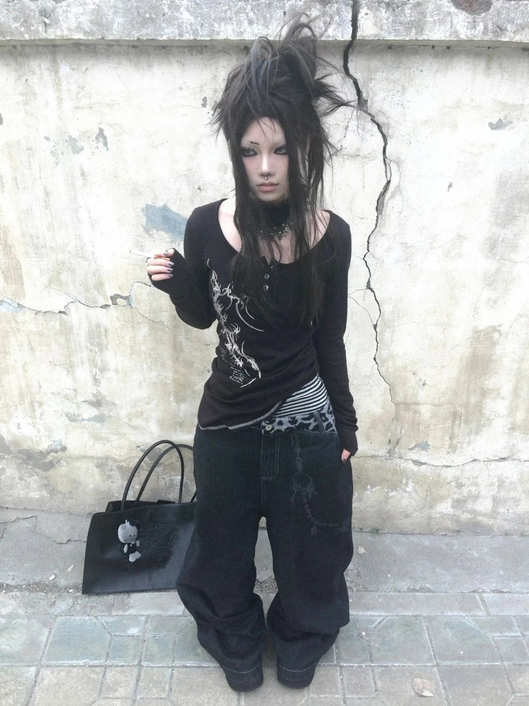 Karrcat Grunge Aesthetics Button Tops Trashy Y2k Tattoo Print T-shirt Vintage Gothic Black Irregular Tee Shirt American Retro