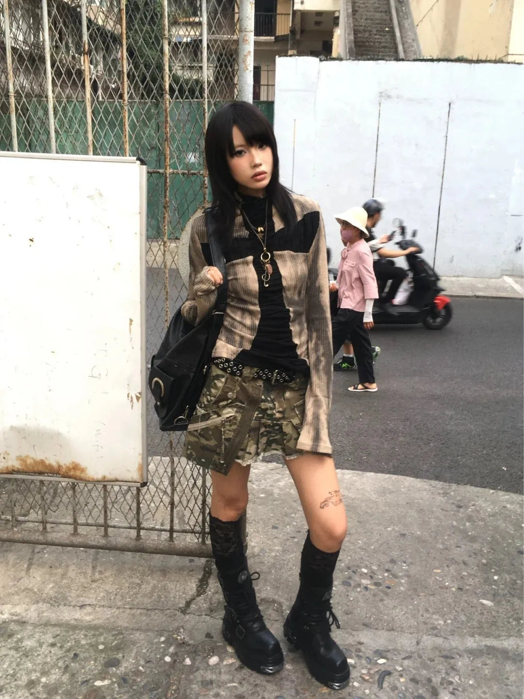 Karrram Japanese Y2k Ribbed Tops Vintage Harajuku Cross Print T-shirt Grunge Aesthetics Long Sleeve Patchwork Tops Trashy 2000s