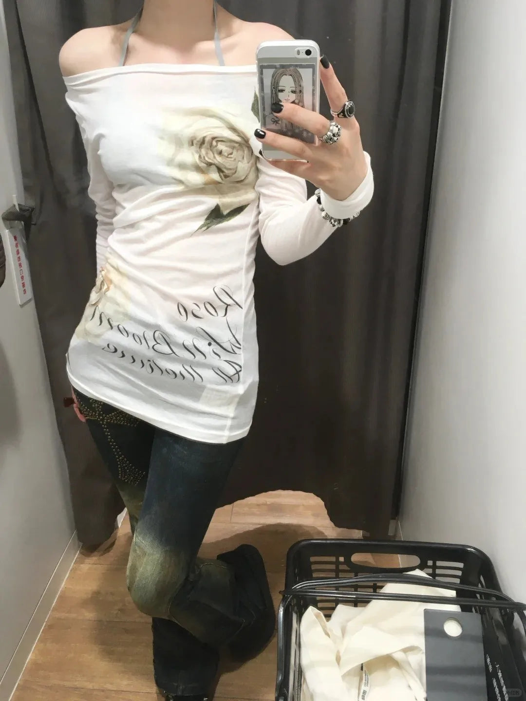 Karrram Japanese Y2k Off Shoulder Tops Vintage 2000s Style Knitted T-shirt Harajuku Flower Print Long Sleeve Sheer Tops American