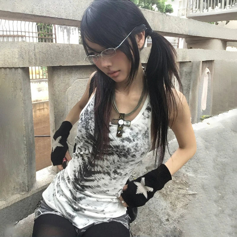 Karrcat Grunge Aesthetics Tie Dye Tank Top Trashy 2000s Style Long Tanktop Japanese Y2k Sleeveless Top Gothic Vintage Streetwear