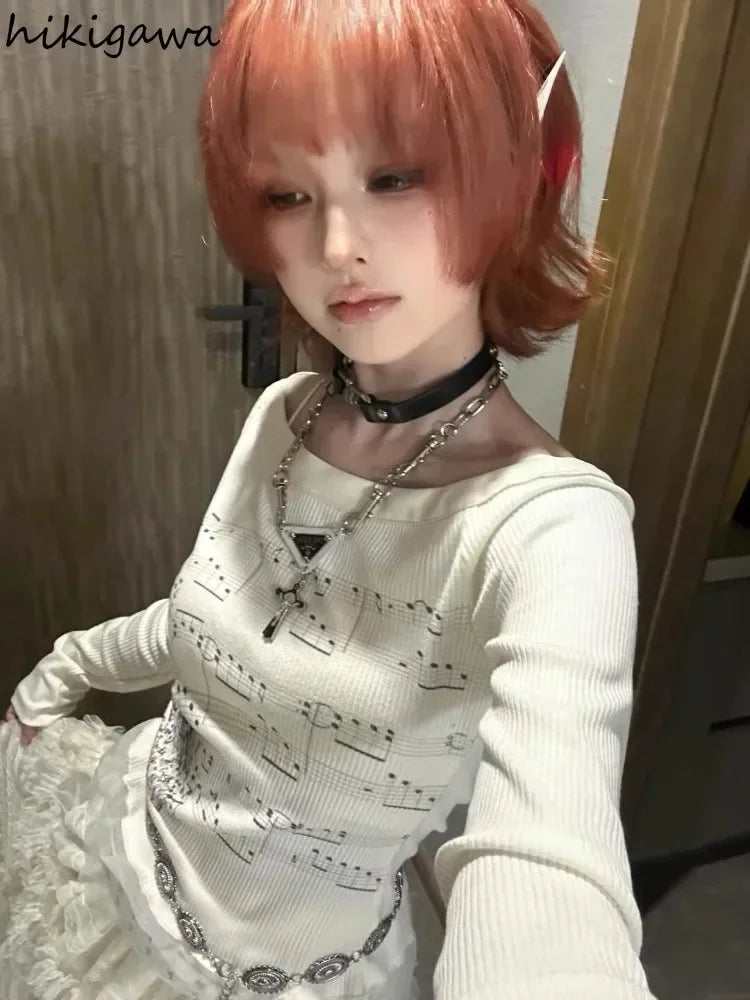 Punk T Shirts for Women Print Long Sleeve Tunic Tees Fashion Korean Camisetas Y2k Tops Slash Neck Casual Tshirts 2025 Ropa Mujer