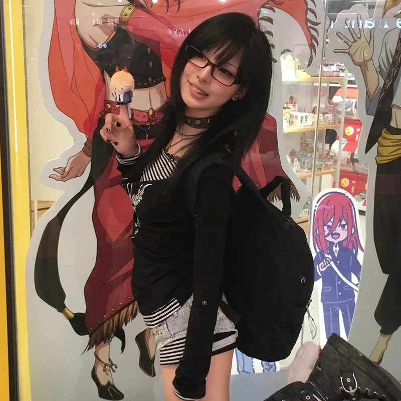 Karrram Japanese Y2k Fake Two-piece Tops Trashy 2000s Tattoo Print T-shirt Grunge Aesthetics Patchwork T Shirts Gothic Vintage