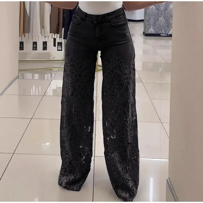 Crochet Hollow Out Flower Jean Women Pants Baggy Zipper Pocket Button Straight Leg Trousers 2025 Summer Y2k Lady