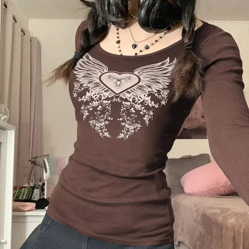 Rhinestone Graphic Print T-shirt Retro Harajuku Fairycore Grunge Slim Fit Pullovers Tees y2k Aesthetic Vintage Gothic Tos Women