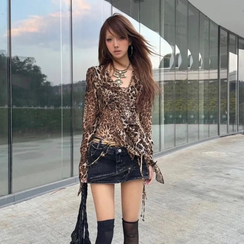 karrram Japanese Y2k Leopard Print Shirt Vintage Harajuku Ruffled Blouses Grunge Aesthetics V-neck Irregular Shirt Trashy 90s