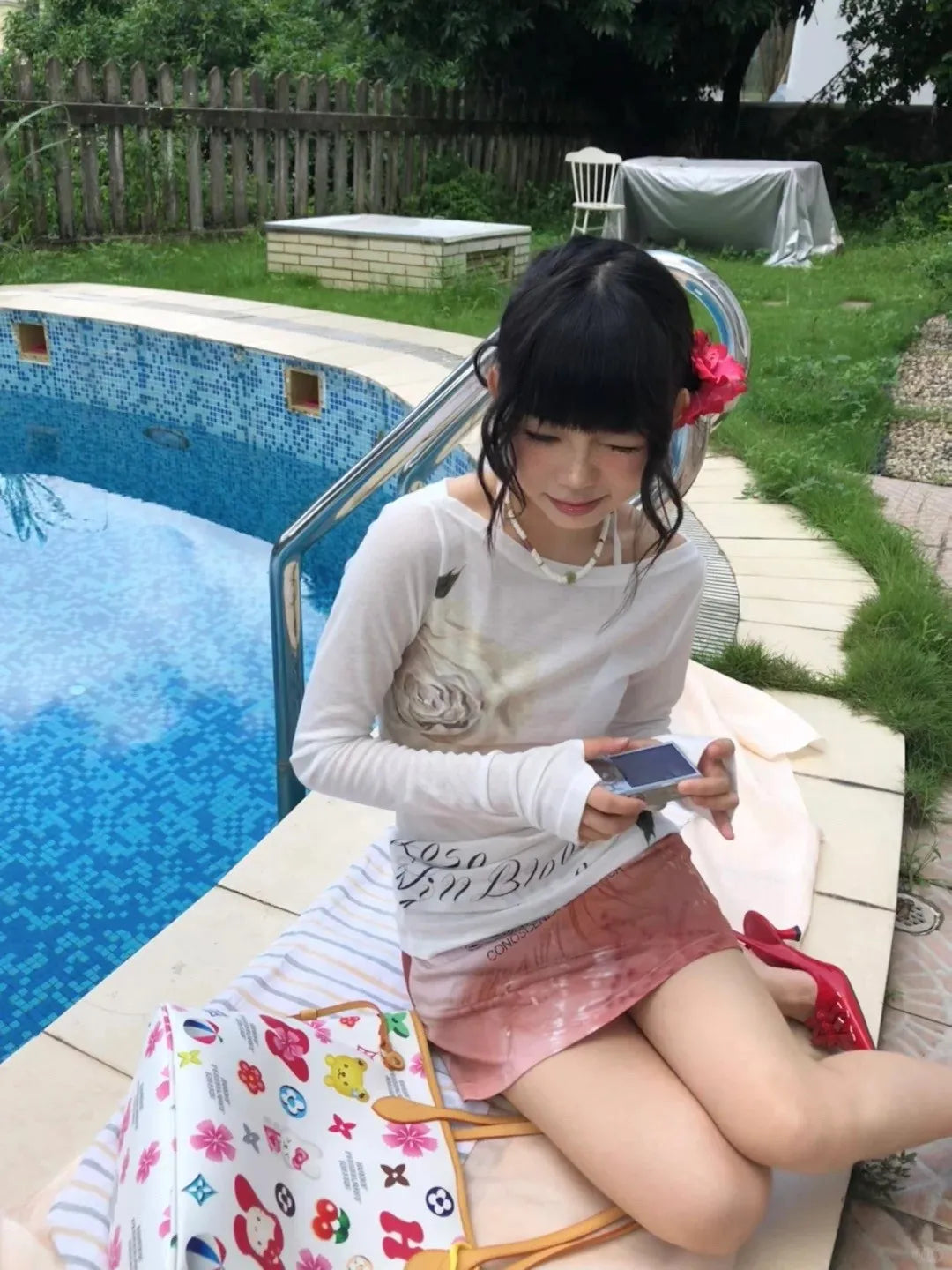 Karrram Japanese Y2k Off Shoulder Tops Vintage 2000s Style Knitted T-shirt Harajuku Flower Print Long Sleeve Sheer Tops American