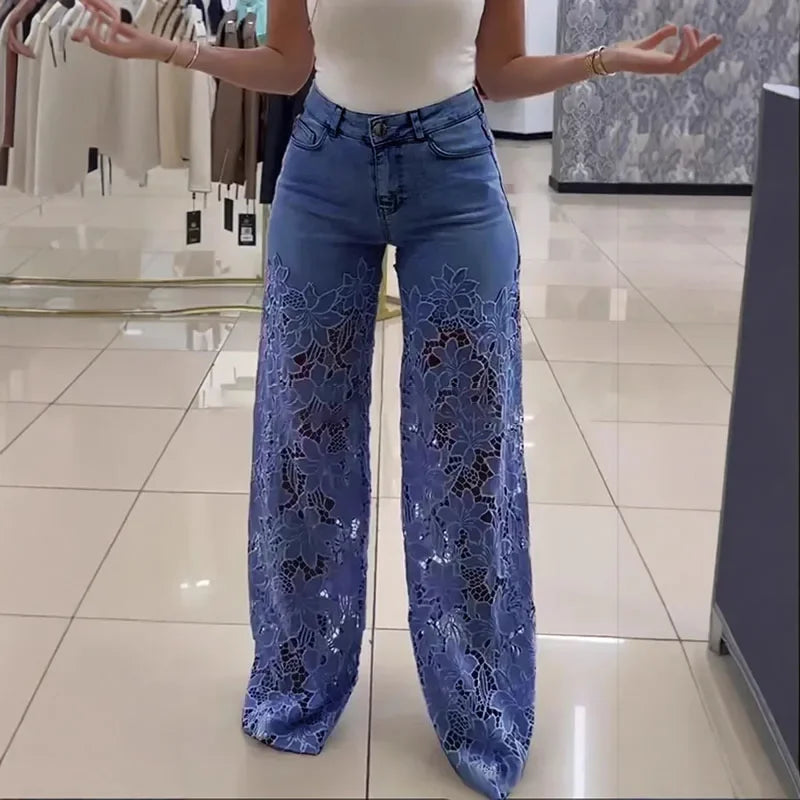 Crochet Hollow Out Flower Jean Women Pants Baggy Zipper Pocket Button Straight Leg Trousers 2025 Summer Y2k Lady