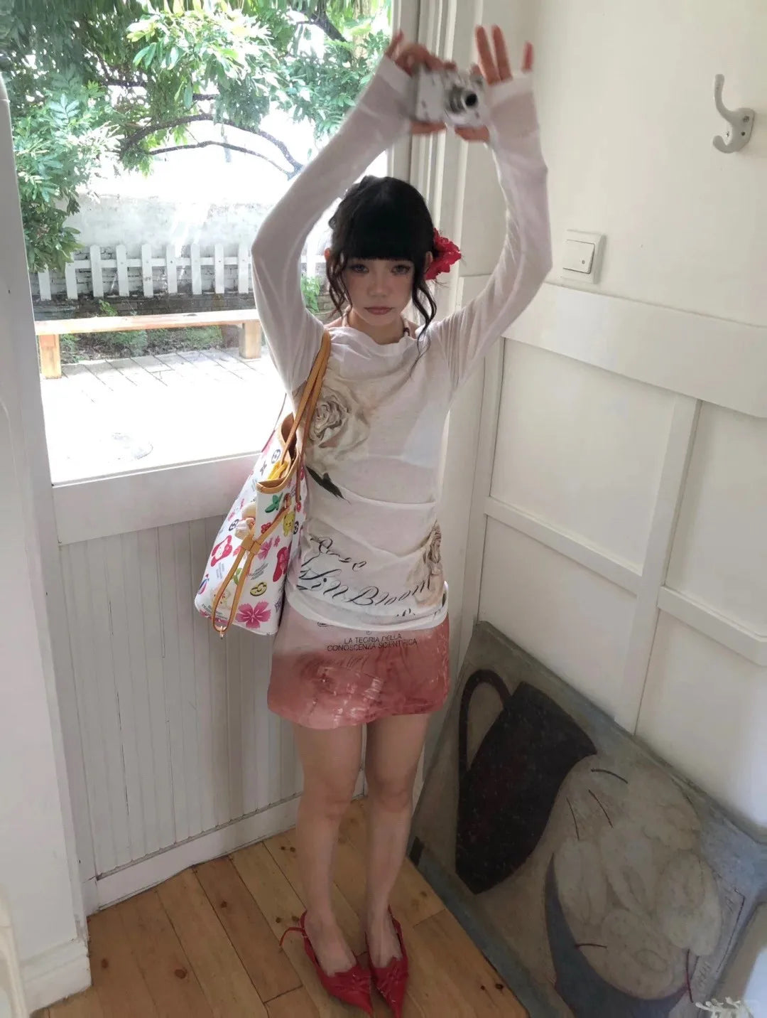 Karrram Japanese Y2k Off Shoulder Tops Vintage 2000s Style Knitted T-shirt Harajuku Flower Print Long Sleeve Sheer Tops American