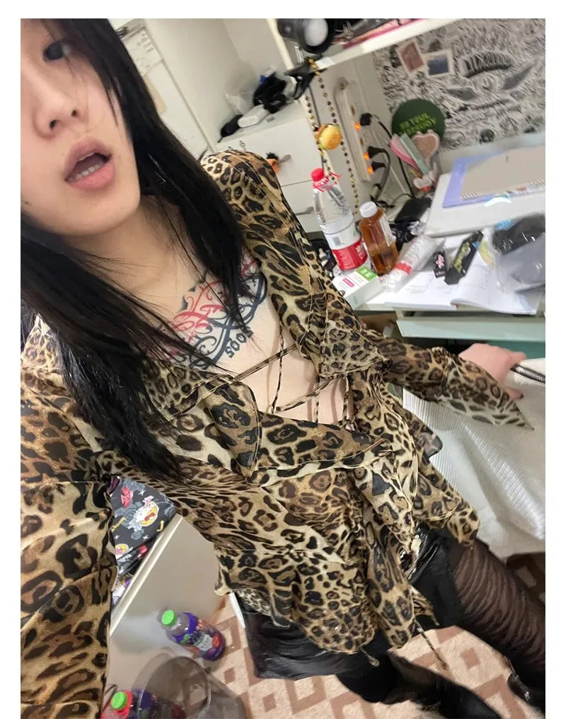 karrram Japanese Y2k Leopard Print Shirt Vintage Harajuku Ruffled Blouses Grunge Aesthetics V-neck Irregular Shirt Trashy 90s