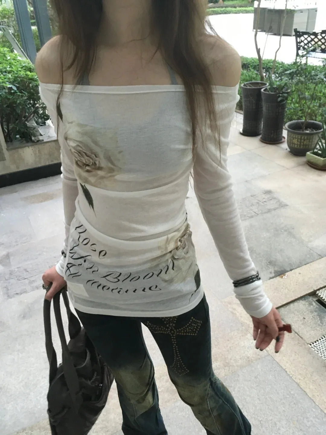 Karrram Japanese Y2k Off Shoulder Tops Vintage 2000s Style Knitted T-shirt Harajuku Flower Print Long Sleeve Sheer Tops American