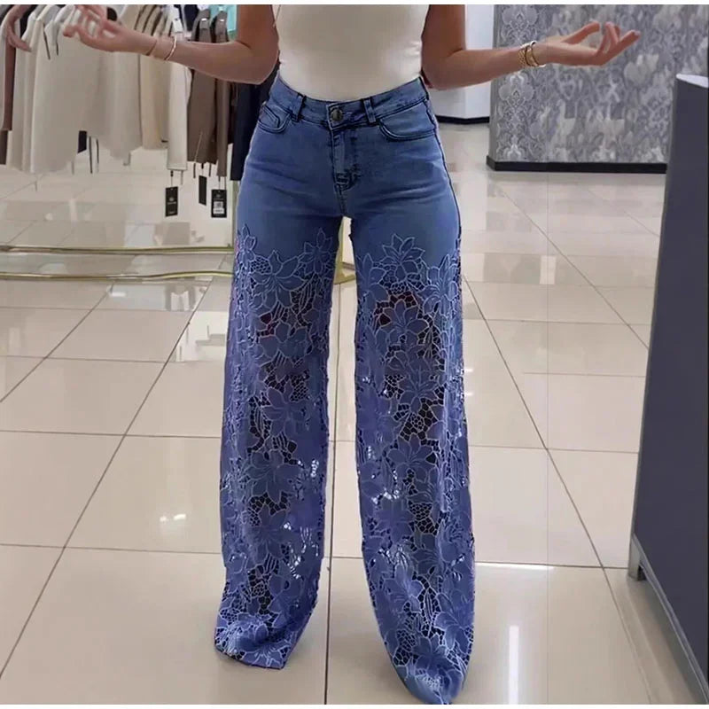 Crochet Hollow Out Flower Jean Women Pants Baggy Zipper Pocket Button Straight Leg Trousers 2025 Summer Y2k Lady