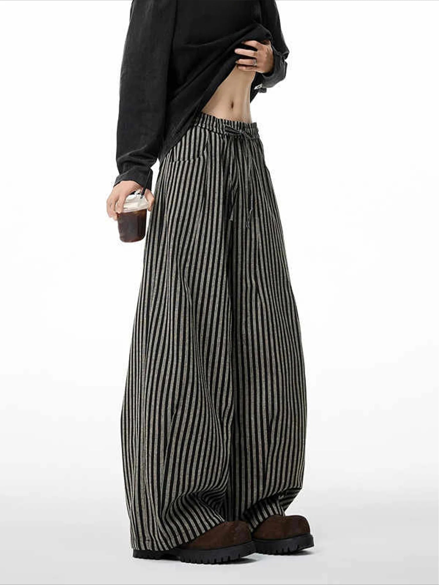 Harajuku Contrast Color Stripe Wide Leg Trousers Vintage Grunge Loose Knitted Casual Pant Y2k Aesthetic Women Straight Pants