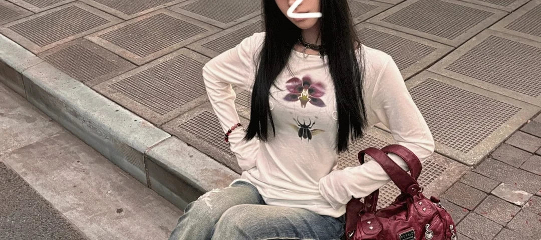 Women American Street Bell-Bottom Jeans Grunge Japanese Abi Low Rise Y2K Embroidery Denim Flare Pants 2000s Grunge Goblin Core