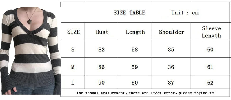 Y2K Grunge Emo 00s Vintage T Shirt Black Grey Striped V Neck Long Sleeve Jumper Tops Chic Women Autumn Retro Mall Goth Tees