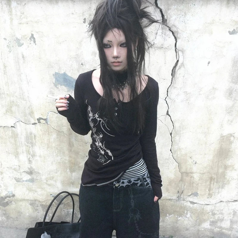 Karrcat Grunge Aesthetics Button Tops Trashy Y2k Tattoo Print T-shirt Vintage Gothic Black Irregular Tee Shirt American Retro