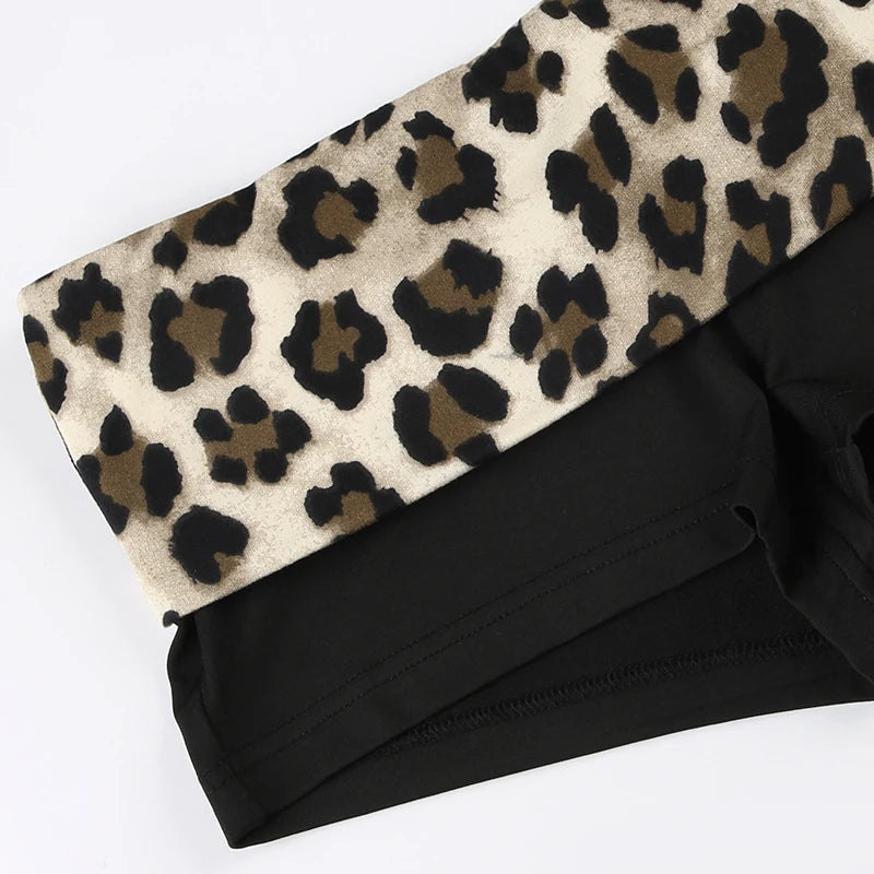 SUCHCUTE Leopard Print Patchwork Skinny Shorts Y2K Aesthetic 2000s Elastic Waist Bottoms Women Fashion Grunge Fairycore Clothes