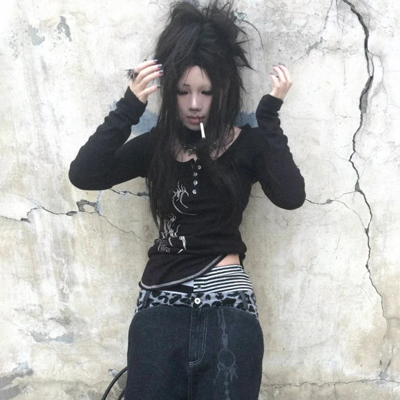 Karrcat Grunge Aesthetics Button Tops Trashy Y2k Tattoo Print T-shirt Vintage Gothic Black Irregular Tee Shirt American Retro