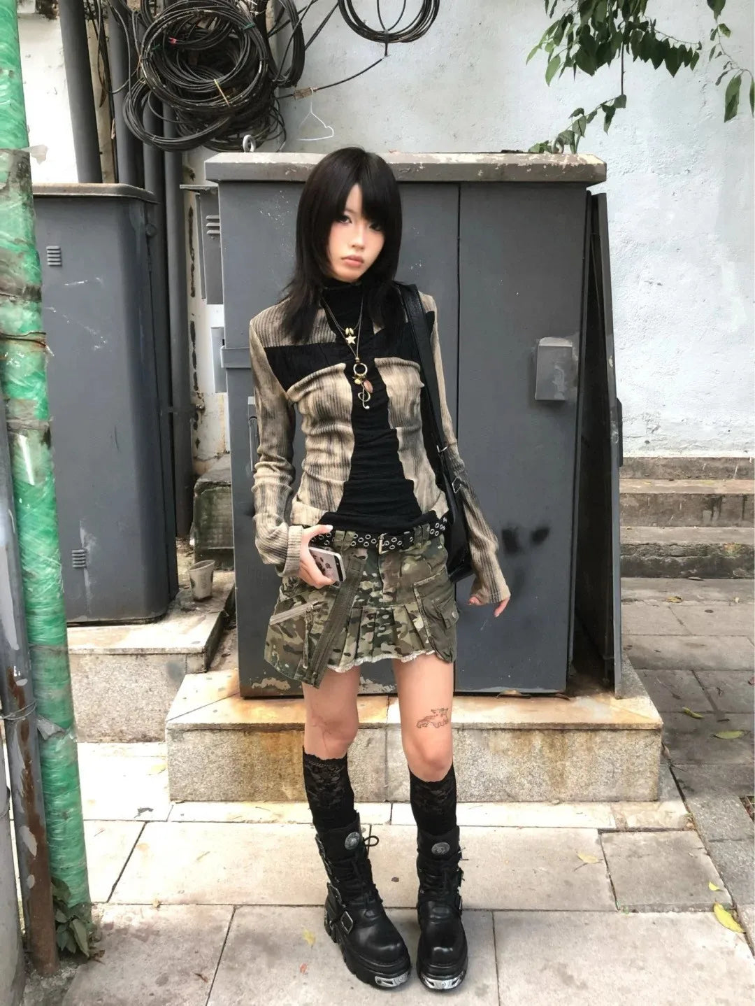 Karrram Japanese Y2k Ribbed Tops Vintage Harajuku Cross Print T-shirt Grunge Aesthetics Long Sleeve Patchwork Tops Trashy 2000s