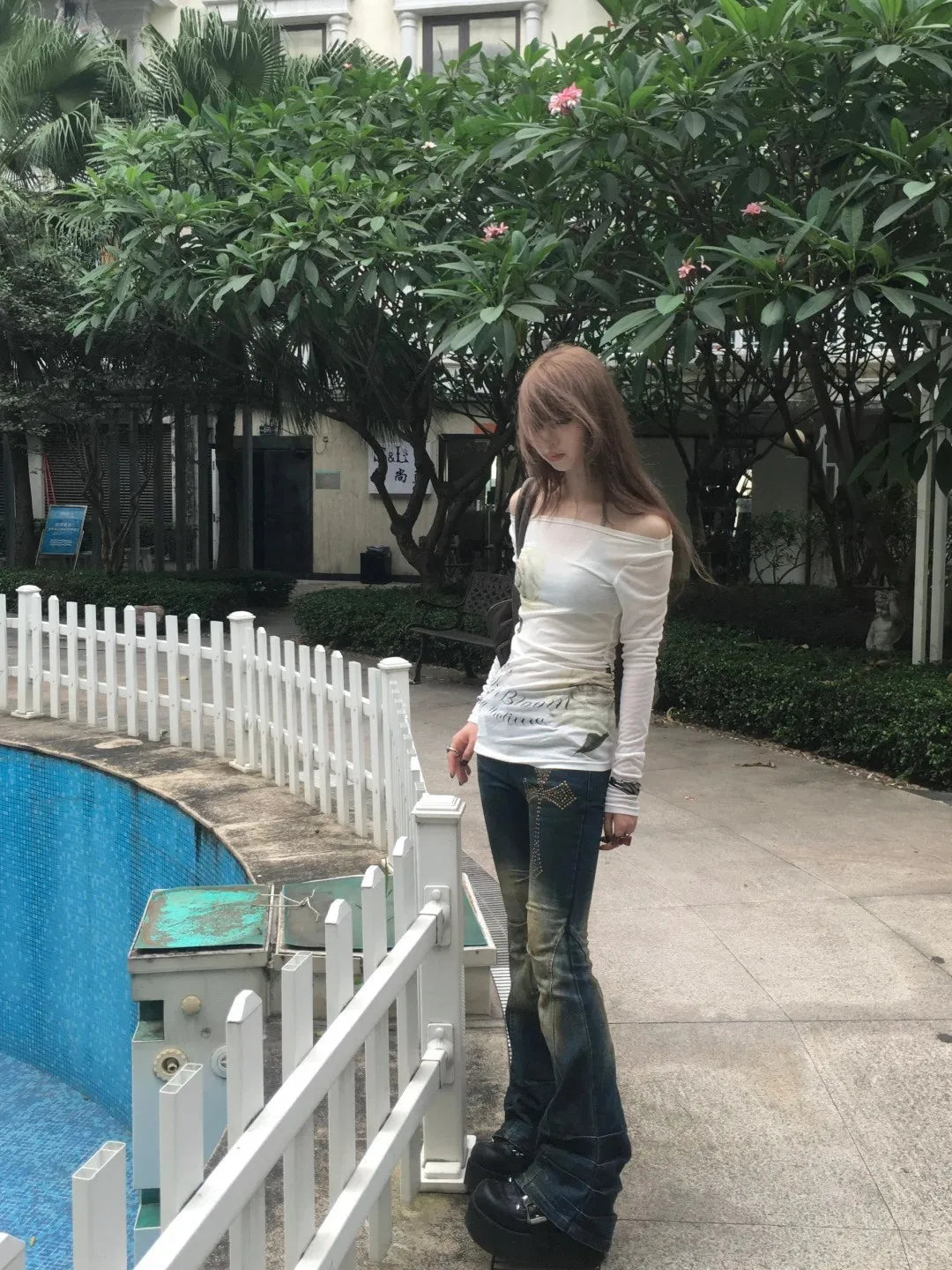 Karrram Japanese Y2k Off Shoulder Tops Vintage 2000s Style Knitted T-shirt Harajuku Flower Print Long Sleeve Sheer Tops American