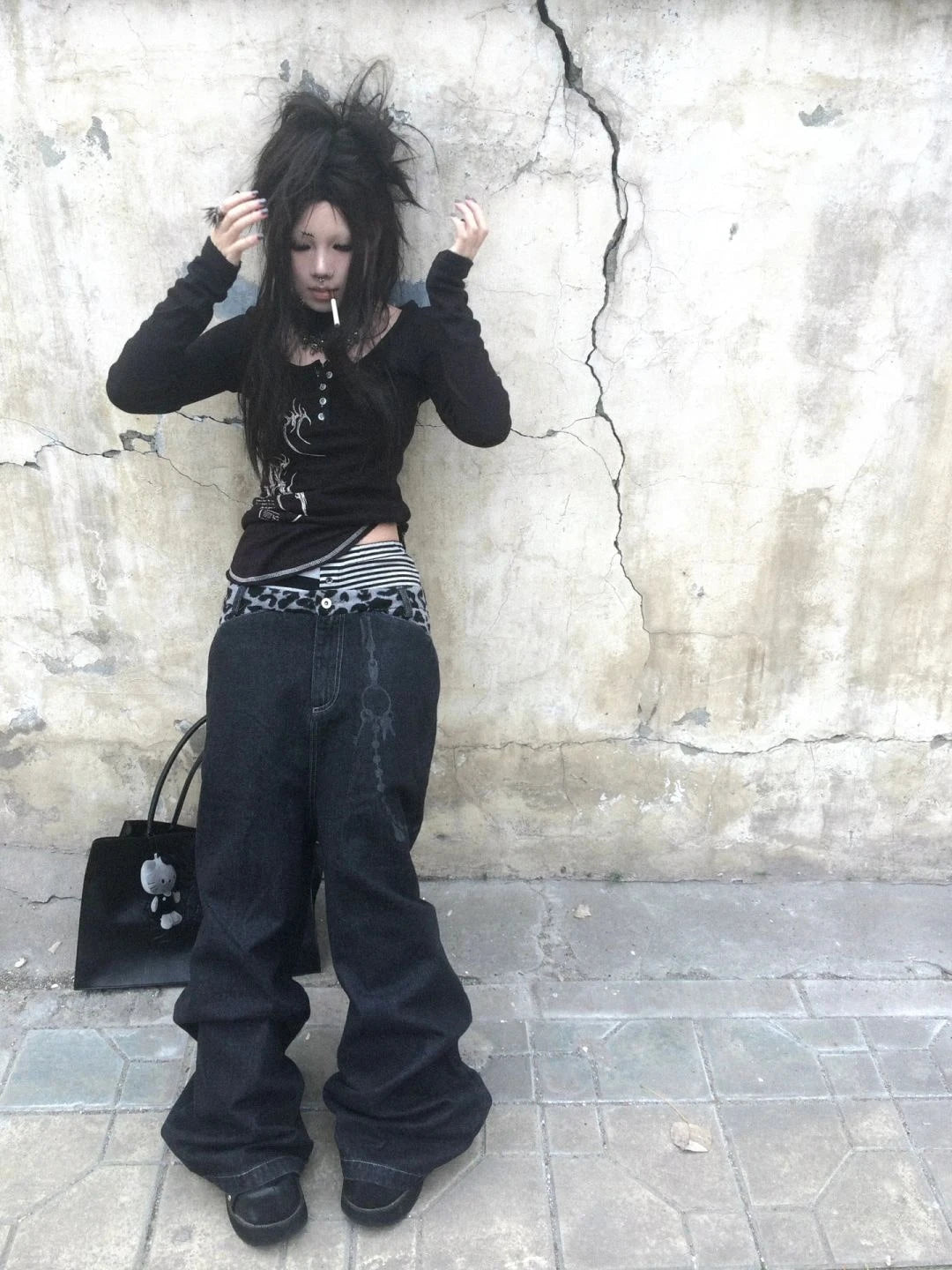 Karrcat Grunge Aesthetics Button Tops Trashy Y2k Tattoo Print T-shirt Vintage Gothic Black Irregular Tee Shirt American Retro