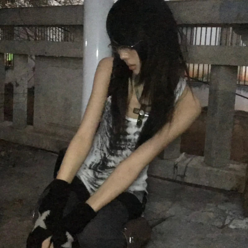 Karrcat Grunge Aesthetics Tie Dye Tank Top Trashy 2000s Style Long Tanktop Japanese Y2k Sleeveless Top Gothic Vintage Streetwear