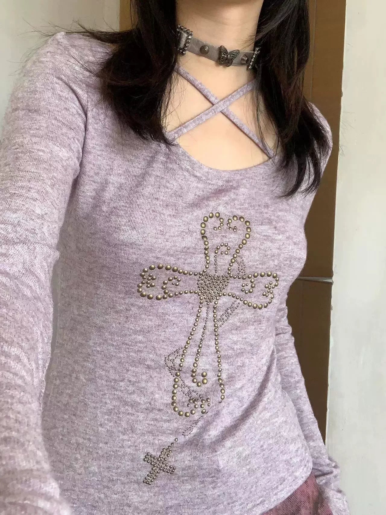 Karrram Japanese Y2k Knitted Tops Grunge Aesthetics Flare Sleeve T-shirts Vintage Harajuku Purple Knitwear American Retro 2000s