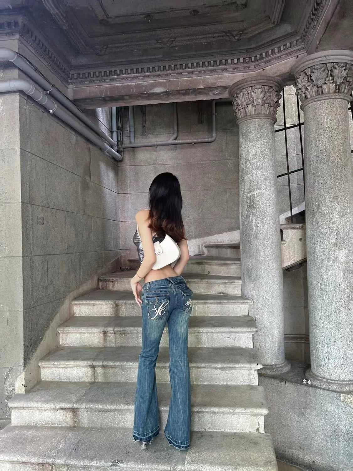 American High Street Spicy Girls Low Waist Jeans Women Autumn Vintage Y2k Design Sense Slim Fit Straight Tube Micro Flare Pants