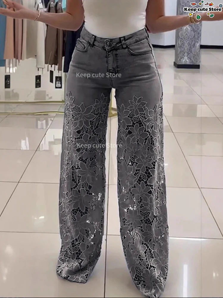 Crochet Hollow Out Flower Jean Women Pants Baggy Zipper Pocket Button Straight Leg Trousers 2025 Summer Y2k Lady