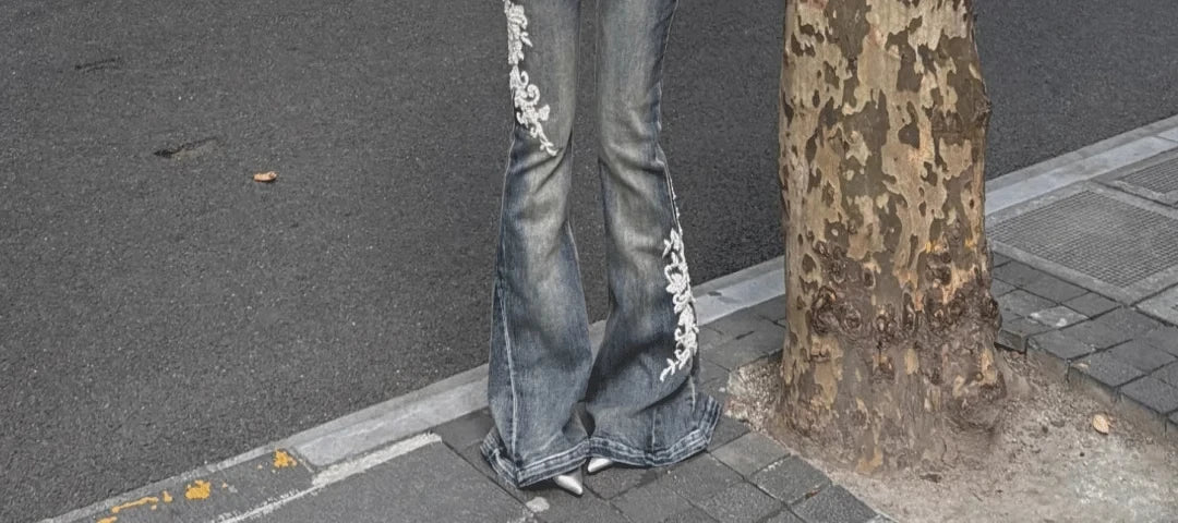 Women American Street Bell-Bottom Jeans Grunge Japanese Abi Low Rise Y2K Embroidery Denim Flare Pants 2000s Grunge Goblin Core