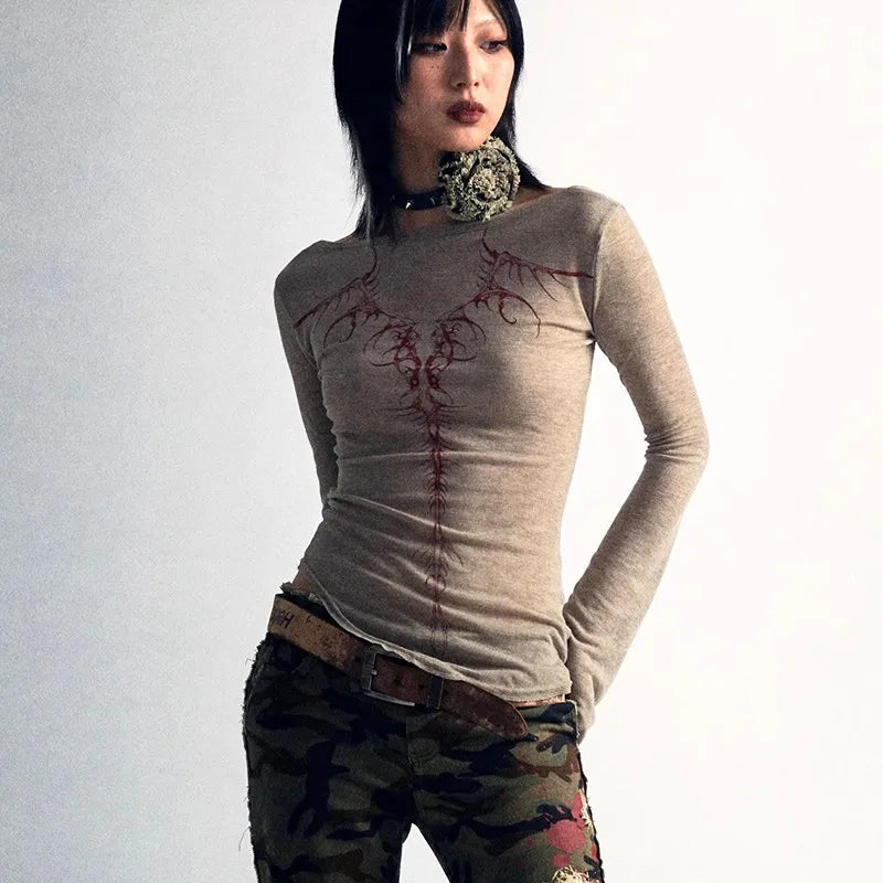 Karrcat Grunge Aesthetics Knitted Tops Vintage Tattoo Print T-shirt Wasteland Punk Irregular Tee Shirt Gothic Y2k Streetwear Alt