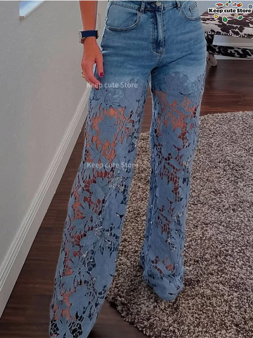 Crochet Hollow Out Flower Jean Women Pants Baggy Zipper Pocket Button Straight Leg Trousers 2025 Summer Y2k Lady